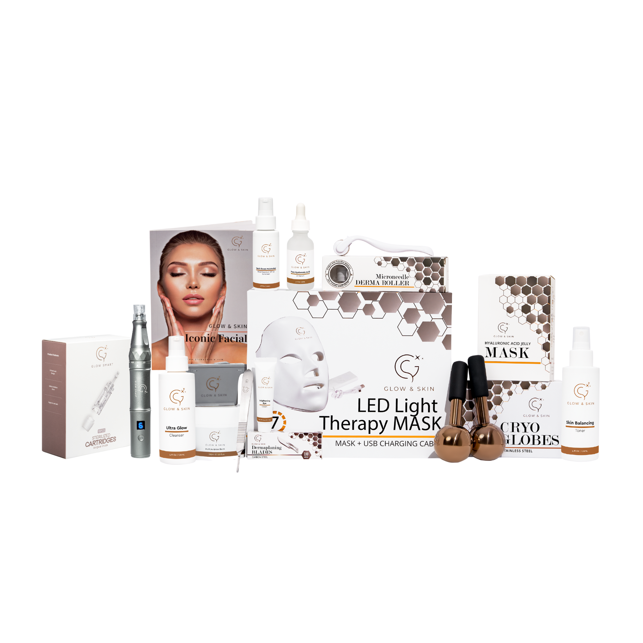Elevate your skincare game with this luxurious collection featuring essential tools and products for professional dermaplaning, microneedling, LED light therapy, and cryo globe massage.
